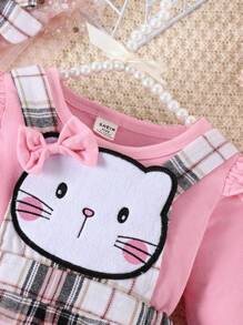 Baby Girl Ruffle Trim Tee & Plaid Print Overall Dress & Headband - Pink - View 7