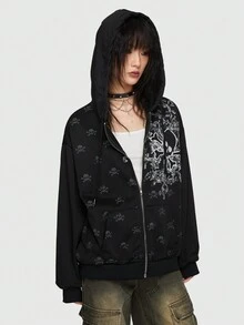 ROMWE 骷髏頭圖案拉鏈開襟抽繩連帽衫 - 黑色 - 查看 5