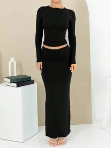 unicolor Camiseta crop & de talle alto Falda - Negro - Ver 3