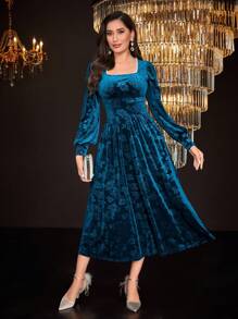 Modelyn Square Neck Lantern Sleeve Velvet Dress - Blue - View 5