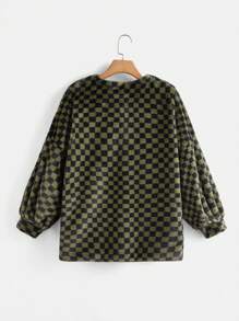SHEIN EZwear Checker Pattern Open Front Fuzzy Coat - Army Green - View 2