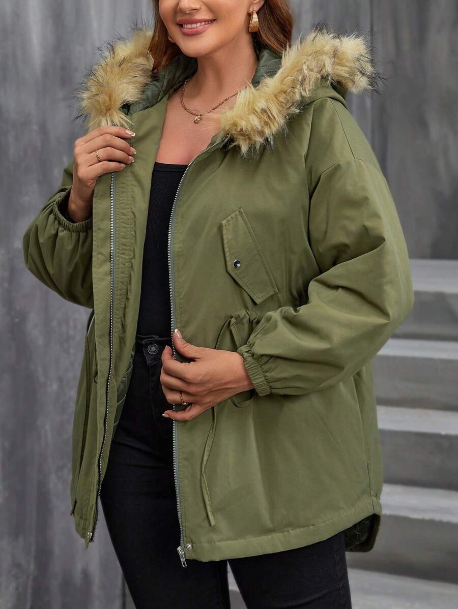 SHEIN LUNE Plus Drawstring Waist Fuzzy Trim Hooded Parka Coat - Army Green - View 1