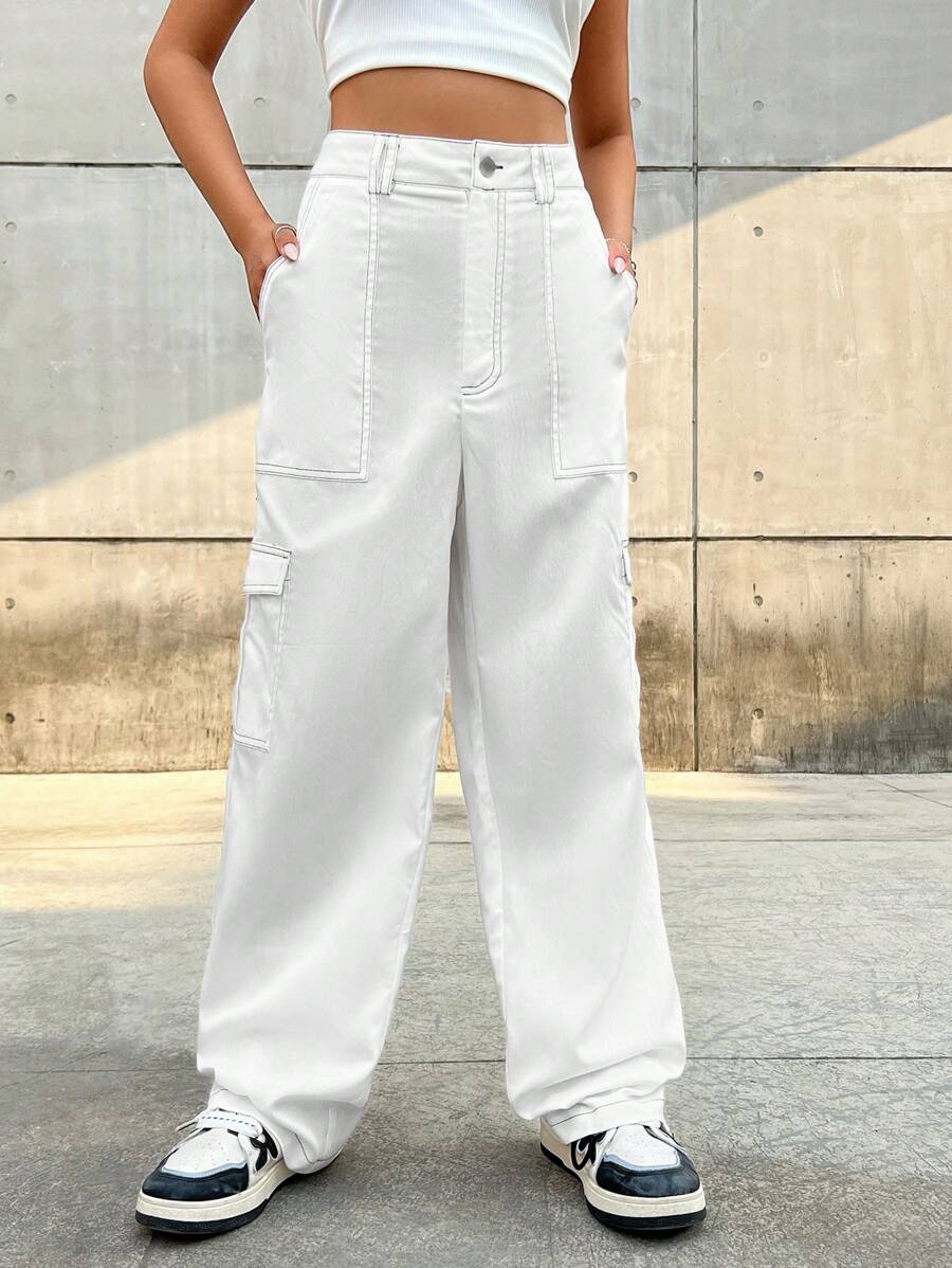 SHEIN Coolane 側翻蓋口袋工裝褲 - 白色 - 查看 1