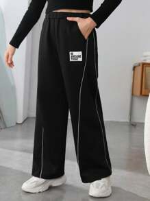 Tween Girl Letter Patched Reflective Contrast Piping Sweatpants - Black - View 4