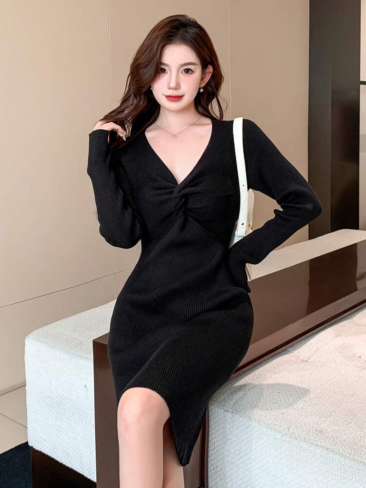 Solid Twist Front Sweater Dress,Fall Women Clothes