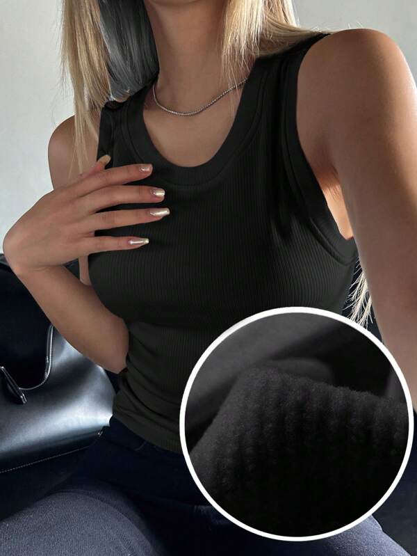 DAZY Solid Rib Knit Thermal Underwear Vest,Thermal Lined Fall,Winter
