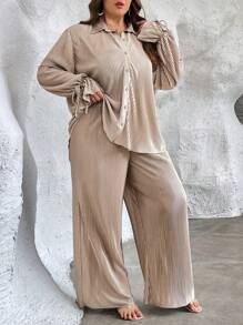 SHEIN Privé Plus Knot Cuff Shirt & Wide Leg Pants - Khaki - View 6