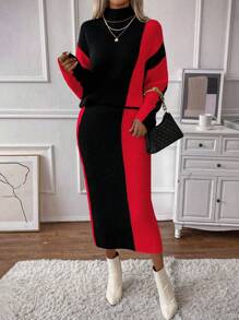 SHEIN Clasi Two Tone Turtleneck Drop Shoulder Sweater & Knit Skirt - Red - View 1