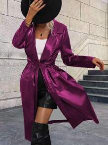 SHEIN Clasi Lapel Neck Flap Pocket Belted PU Coat - Hot Pink - View 5