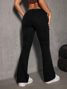 SHEIN EZwear Flap Pocket Flare Leg Jeans - Black - View 2