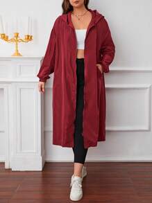 SHEIN Essnce 大碼拉鏈開襟按扣連帽防風夾克 - 酒紅色 - 查看 2