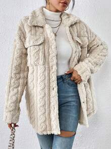 SHEIN Frenchy Túi có nắp Thả vai Áo khoác Teddy - Màu be - Xem 6