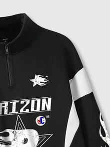 ROMWE MEN Prep 男士字母和火焰圖案半拉鏈運動衫 - 黑色 - 查看 4