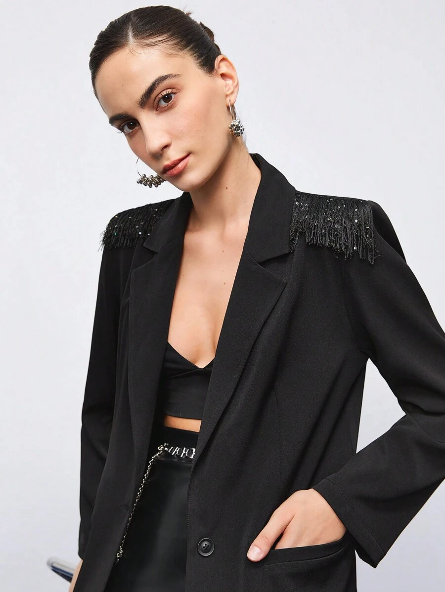 Maija 亮片拼接單釦西裝外套 - 黑色 - 查看 1