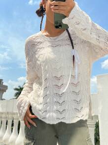 SHEIN Unity Solid Drop Shoulder Pointelle Knit Pullover Fall Winter Sweater - Apricot - View 7