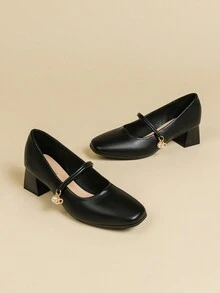 女士玛丽珍鞋，粗跟，方头，仿珍珠装饰，法式高跟鞋 - 黑色 - 查看 3