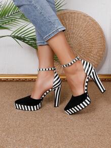 Chunky Heel Pointed Toe Color Block Waterproof Platform Hollow Out Pumps - Black and White - View 3