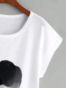 SHEIN LUNE 印花蝙蝠袖弧形下擺T恤 - 白色 - 查看 3