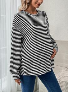 SHEIN 孕婦條紋印花落肩T恤 - 黑與白 - 查看 2