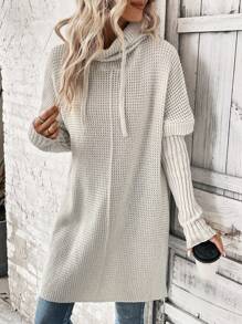 LanaWest Batwing Sleeve Drawstring Hooded Split Hem Sweater,Ladies Late Fall Casual Drawstring,Split Long Sleeve Loose Light Grey Batwing Sleeve Pullovers Women Sweaters,Long Sleeve Tops Knit Pullover Fall Winter Outfit - Light Grey - View 7