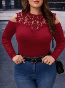 SHEIN Clasi Blusa con encaje de guipur y hombros al descubierto talla grande - Burdeos - Ver 7