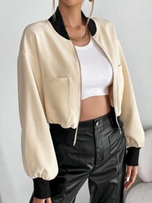 SHEIN Essnce Dual Pocket Drop Shoulder Zip Up Crop Bomber Jacket - Apricot - View 5