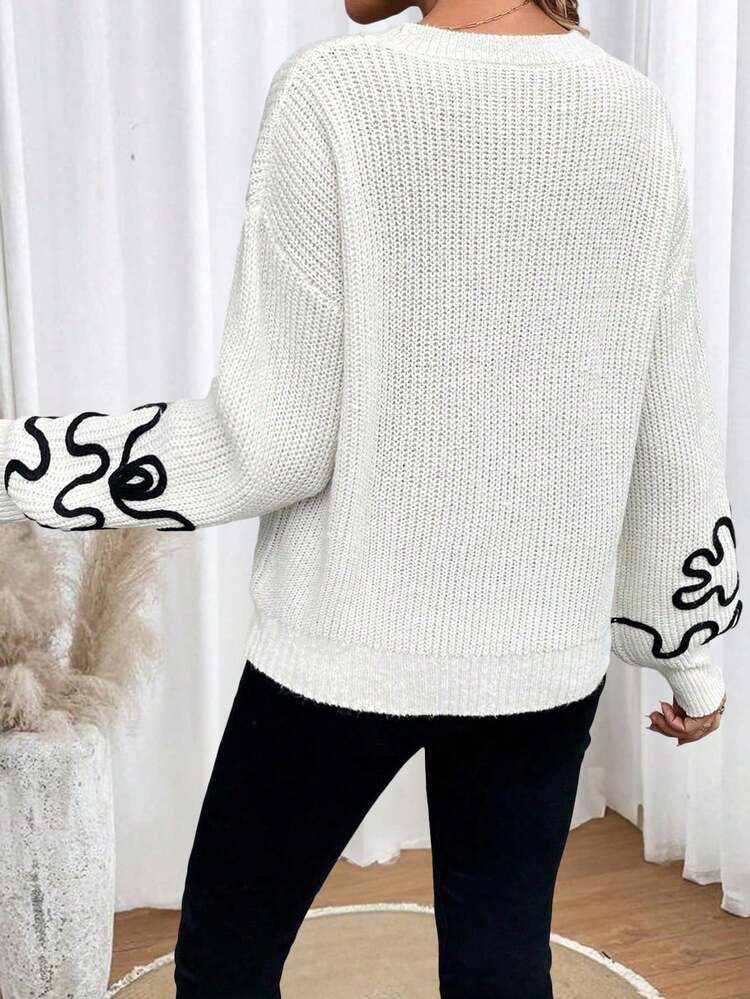 Graphic Pattern Drop Shoulder Knit Pullover Fall Winter Sweater