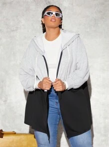 SHEIN CURVE+ Áo nỉ hai tông màu cỡ lớn, vai rớt, có dây rút - Đen và trắng - Xem 4