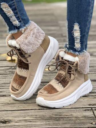 Women's Sport Shoes Apricot Colored Ankle Boots With Plush Lining, Winter Warm Short Boots, Student Boots