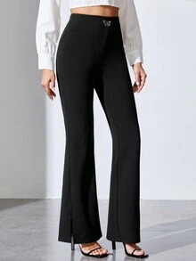 SHEIN Tall Butterfly Detail Split Hem Flare Leg Pants - Black - View 3