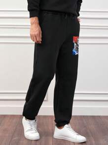 RueChic Men Figure Graphic Drawstring Waist Sweatpants - Black - View 3