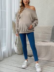 SHEIN Maternity Off Shoulder Drop Sleeve Sweater, For Winter - Khaki - View 6