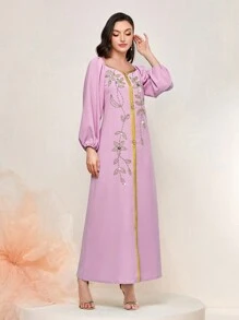Al Najma Floral Embroidery Contrast Trim Lantern Sleeve Kaftan Dress - Pink - View 3