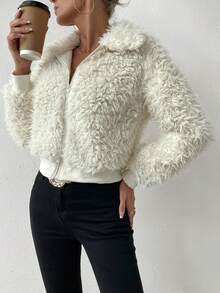 SHEIN Essnce Dây kéo 	
Fuzzy Áo khoác - Màu be - Xem 6
