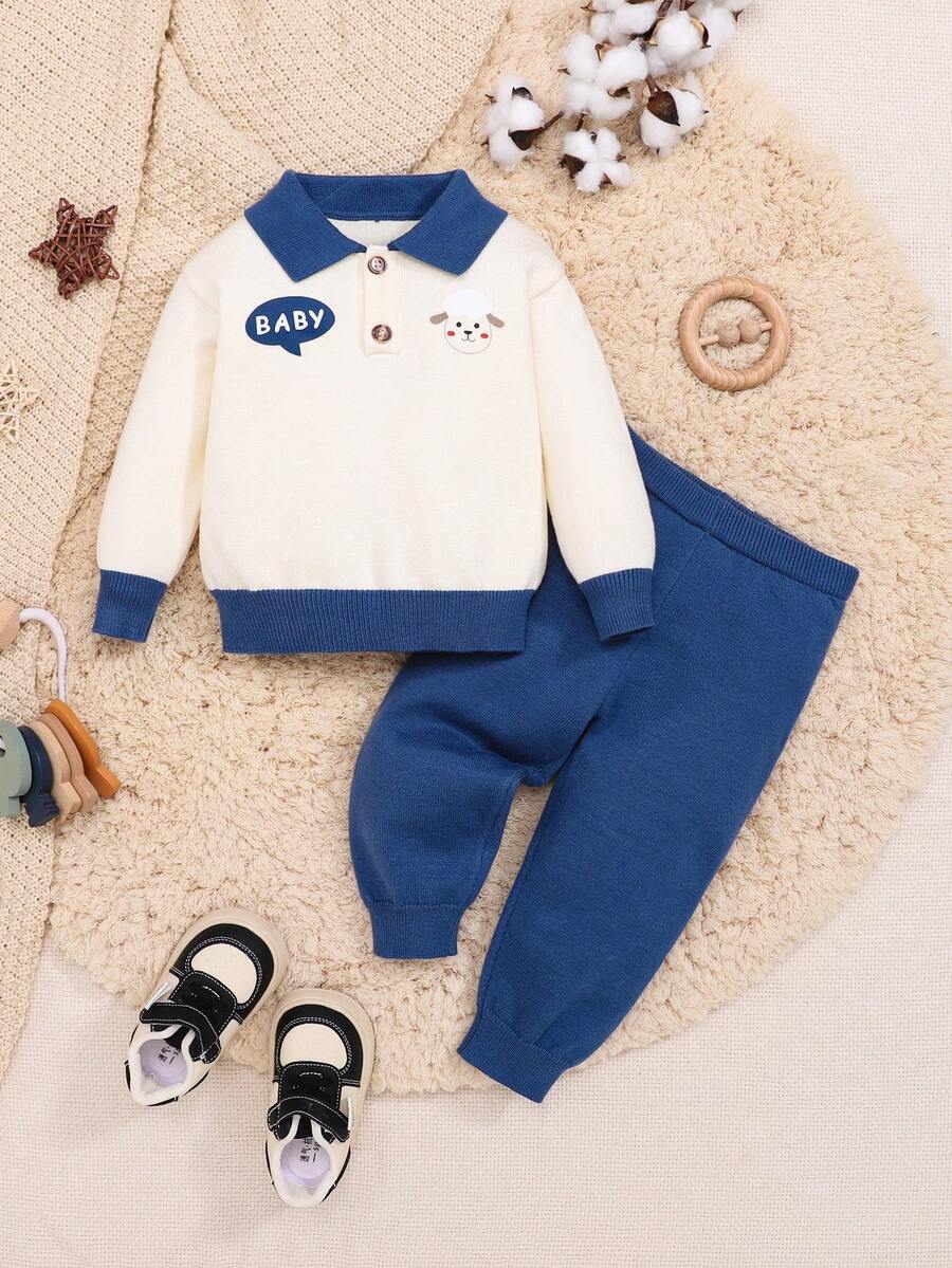 SHEIN 男嬰字母圖案拼接領套頭毛衣和針織褲
