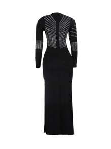 Rhinestone Detail Split Thigh Dress - 黑色 - 查看 4