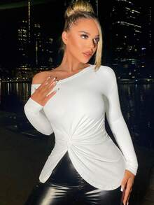 SHEIN SXY Cổ không đối xứng Mặt trước xoắn Áo thun - trắng - Xem 5