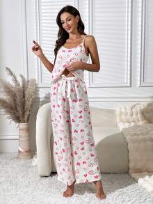 Heart Print Cami Top & Wide Leg Pants PJ Set - White - View 6
