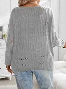 Calvaya Áo len dệt kim dáng suông vai rộng, áo len chui đầu mùa thu đông. - Xám - Xem 2