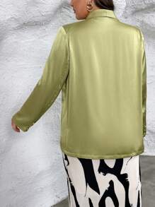 SHEIN Privé Plus Shawl Collar Open Front Satin Blazer - Blue - View 2