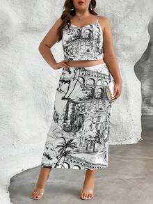 SHEIN Privé Plus Graphic Print Cami Top & Skirt - Black and White - View 4