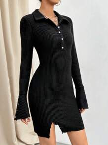 SHEIN Essnce Nút phía trước Tay áo loe Váy bodycon - màu đen - Xem 3