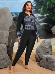 SHEIN Swim Curve Talla grande Bañador una pieza con estampado floral con cremallera delantera - Negro - Ver 3