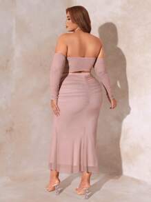SHEIN SXY Plus Off Shoulder Ruched Mesh Top & Skirt - Dusty Pink - View 2