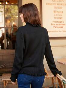 SHEIN Frenchy 愛心刺繡荷葉邊前紐扣開襟衫 - 黑色 - 查看 2