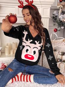 SHEIN Frenchy Christmas Elk & Snowflake Print Tee Winter Casual - Multicolor - View 1