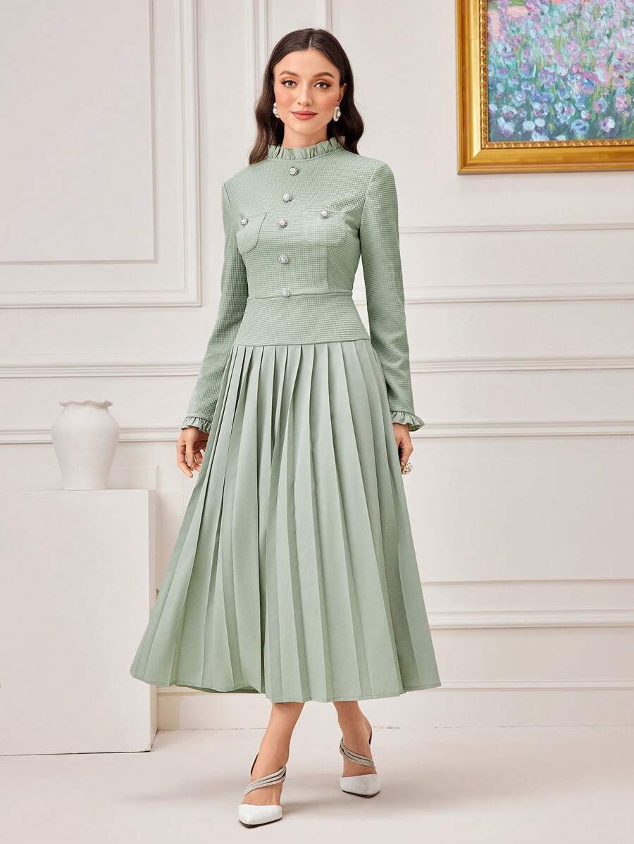 Modelyn Mock Neck Frill Trim Pleated Hem Dress - Green - View 1