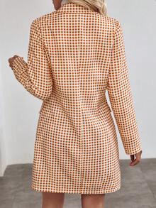 SHEIN Privé Gingham Print Double Breasted Blazer - Khaki - View 2
