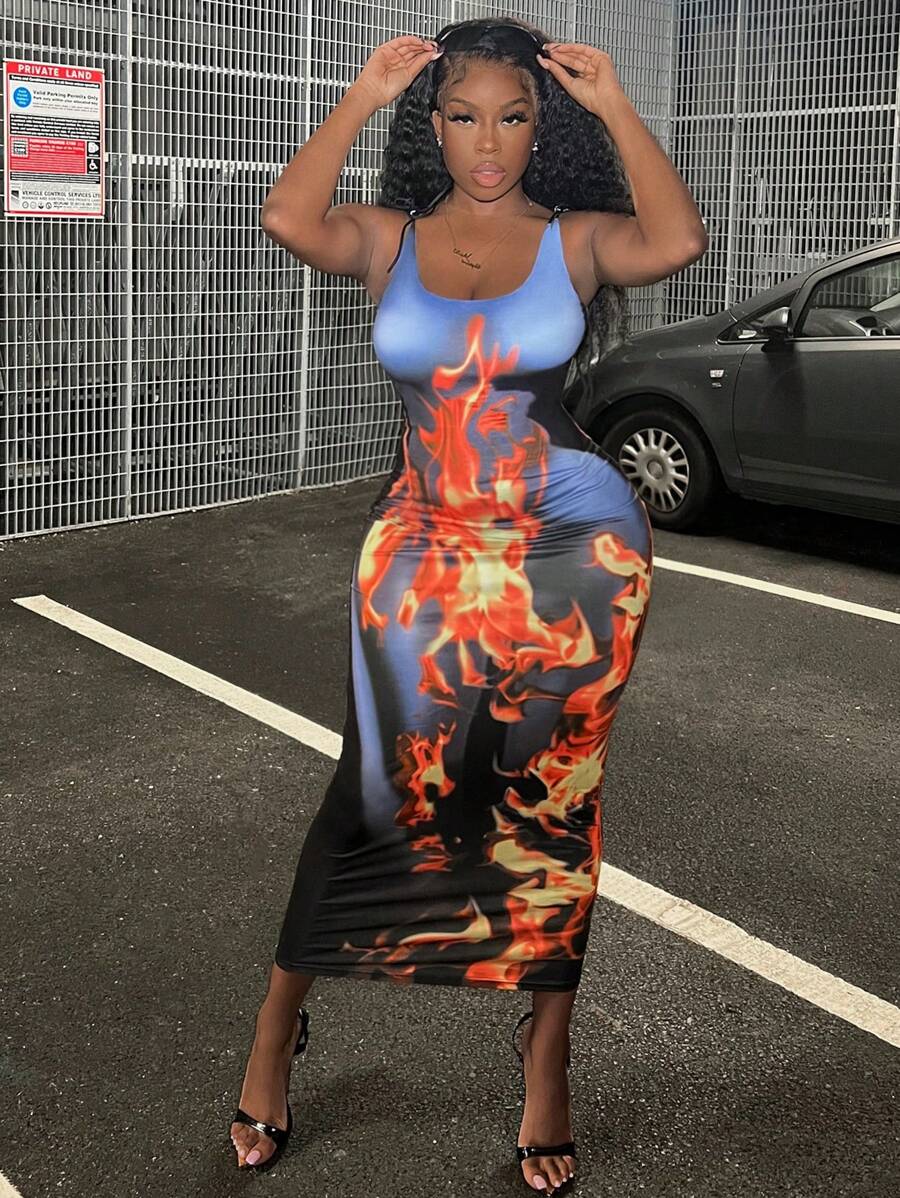 Slaydiva 火圖案緊身洋裝 - 灰色 - 查看 1