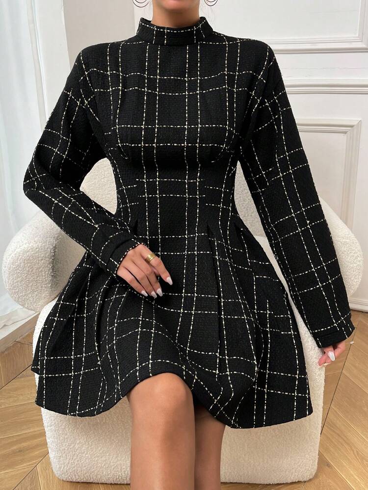 Plaid Print Mock Neck Fold Pleated Dress